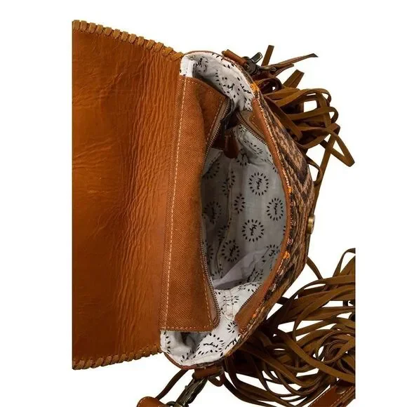 Myra Bag Handmade Stone Shoulder Bag Upcycled Canvas & Cowhide Leather - Picture 7 of 15